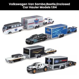 Volkswagen Van Samba and Volkswagen Beetle enclosed car hauler 1:64 die-cast model toys collectible gift