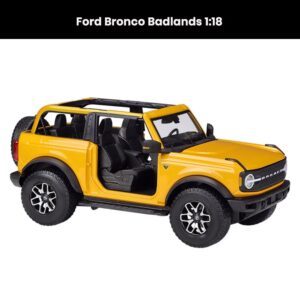 Ford Bronco Badlands 2021 1:18 scale die-cast model with openable hood and tailgate, detailed off-road SUV design, rugged tires, and realistic exterior finish collectible toy
