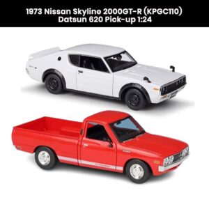 Nissan Skyline 2000GT-R and Datsun 620 pickup 1973 1:24 scale die-cast model cars with detailed classic design, realistic body lines, and collectible vintage styling
