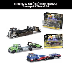BMW M3 (E30) 1:64 die-cast car model (1988) with flatbed transport truck collectible toy gift