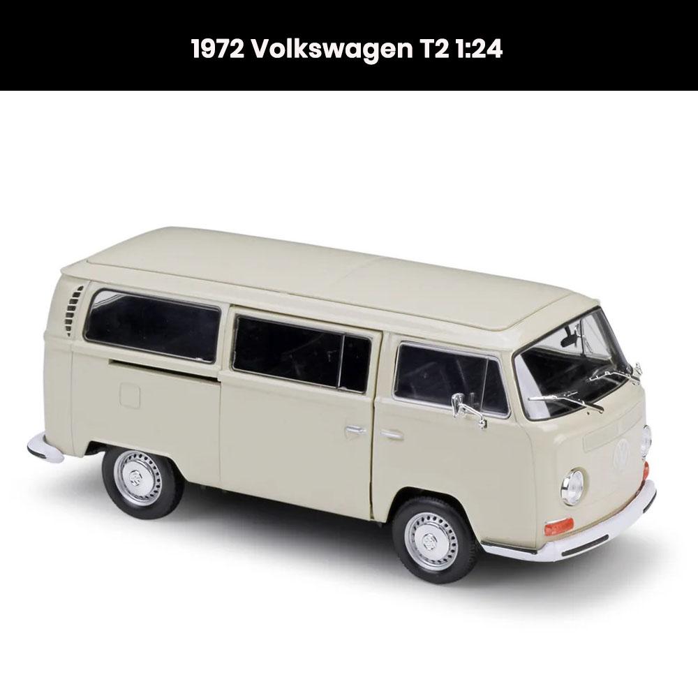 Volkswagen T2 Bus 1:24 die-cast model (1972) with openable side and trunk doors collectible toy gift