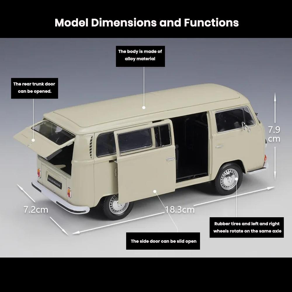 Volkswagen T2 Bus Model 1:24 Die Cast 1972 Side Trunk Doors Openable Toys Gift - Image 2