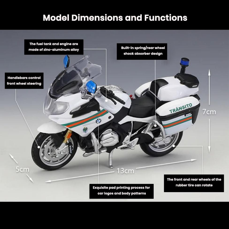 BMW R1200 RT(Police Version) Motorcycle Model 1:18 Die Cast Shock Absorber Toys - Image 2